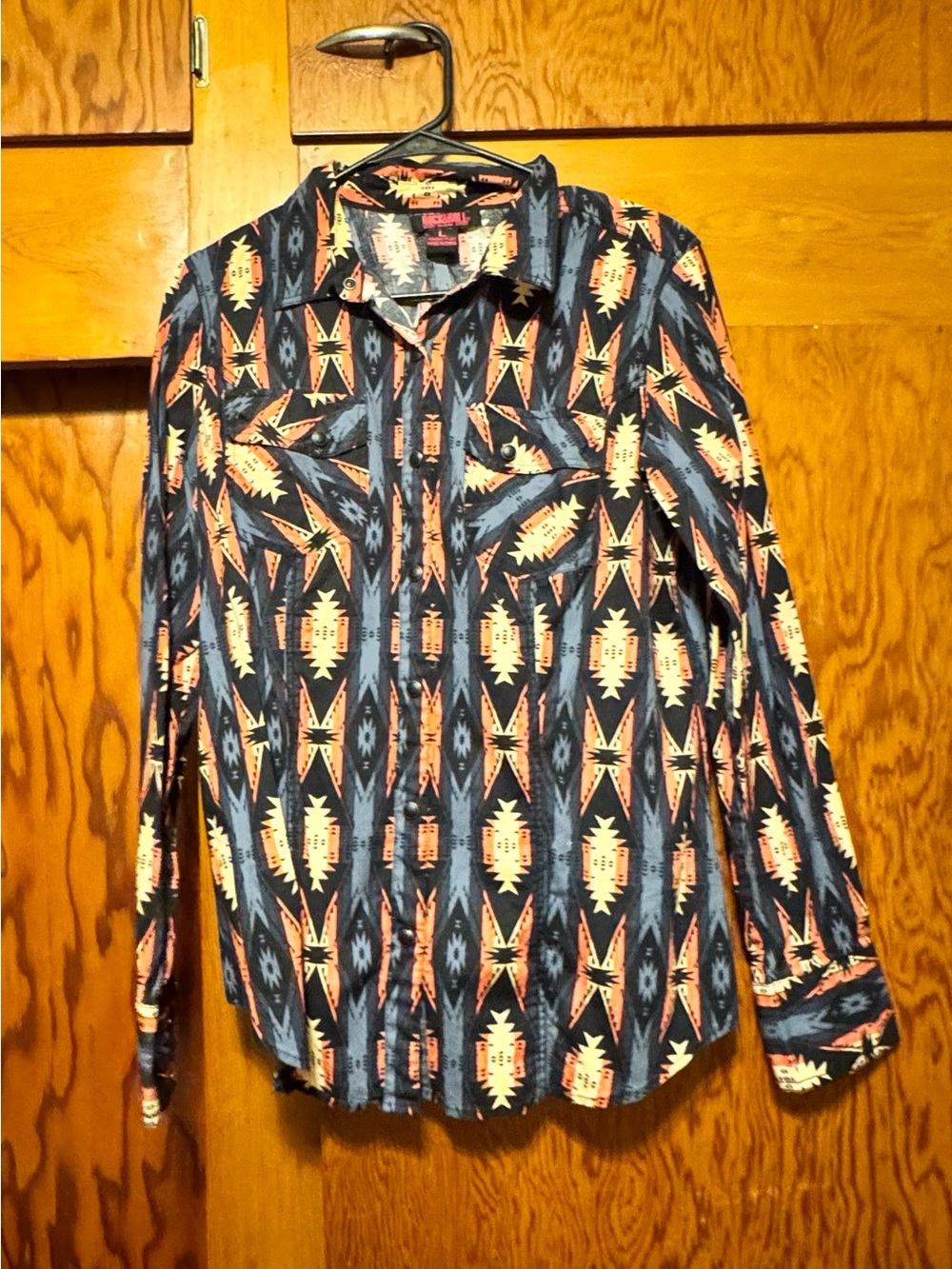Rock & Roll Cowgirl Women's Button-Down Shirt - Navy with Coral & Cream